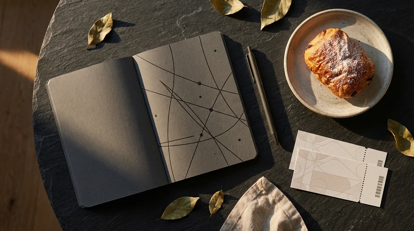 High angle flat lay of a planner, pen, artisan pastry, and event tickets.