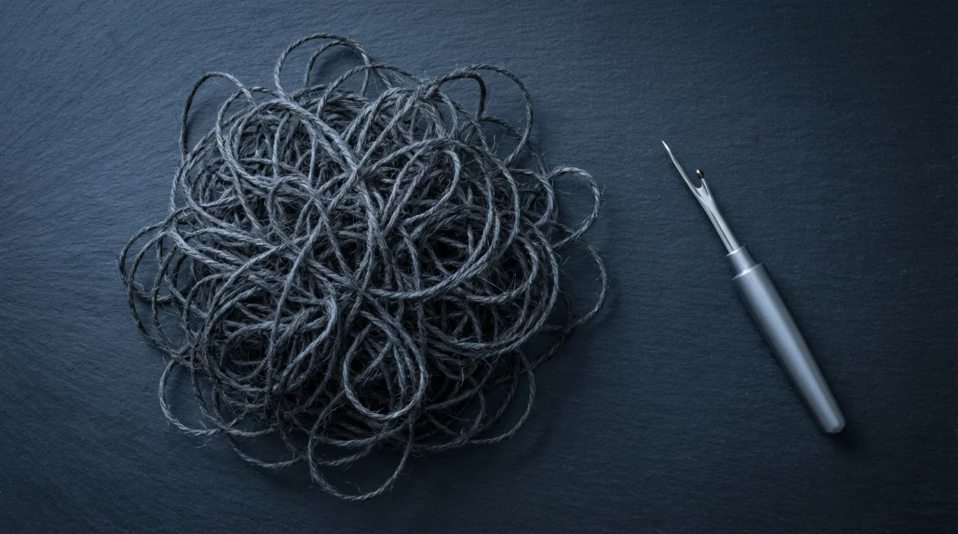 High angle flat lay of a tangled knot of string and a seam ripper.