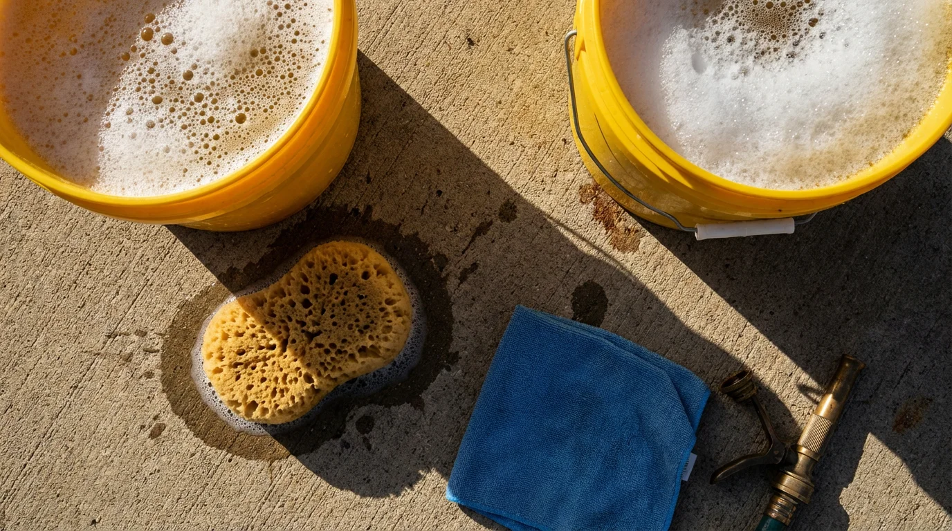High angle flat lay of DIY car washing supplies on a concrete driveway.