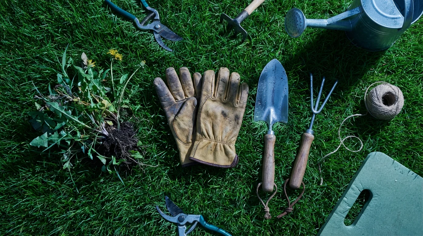 High angle flat lay of gardening tools on fresh green grass at dusk.