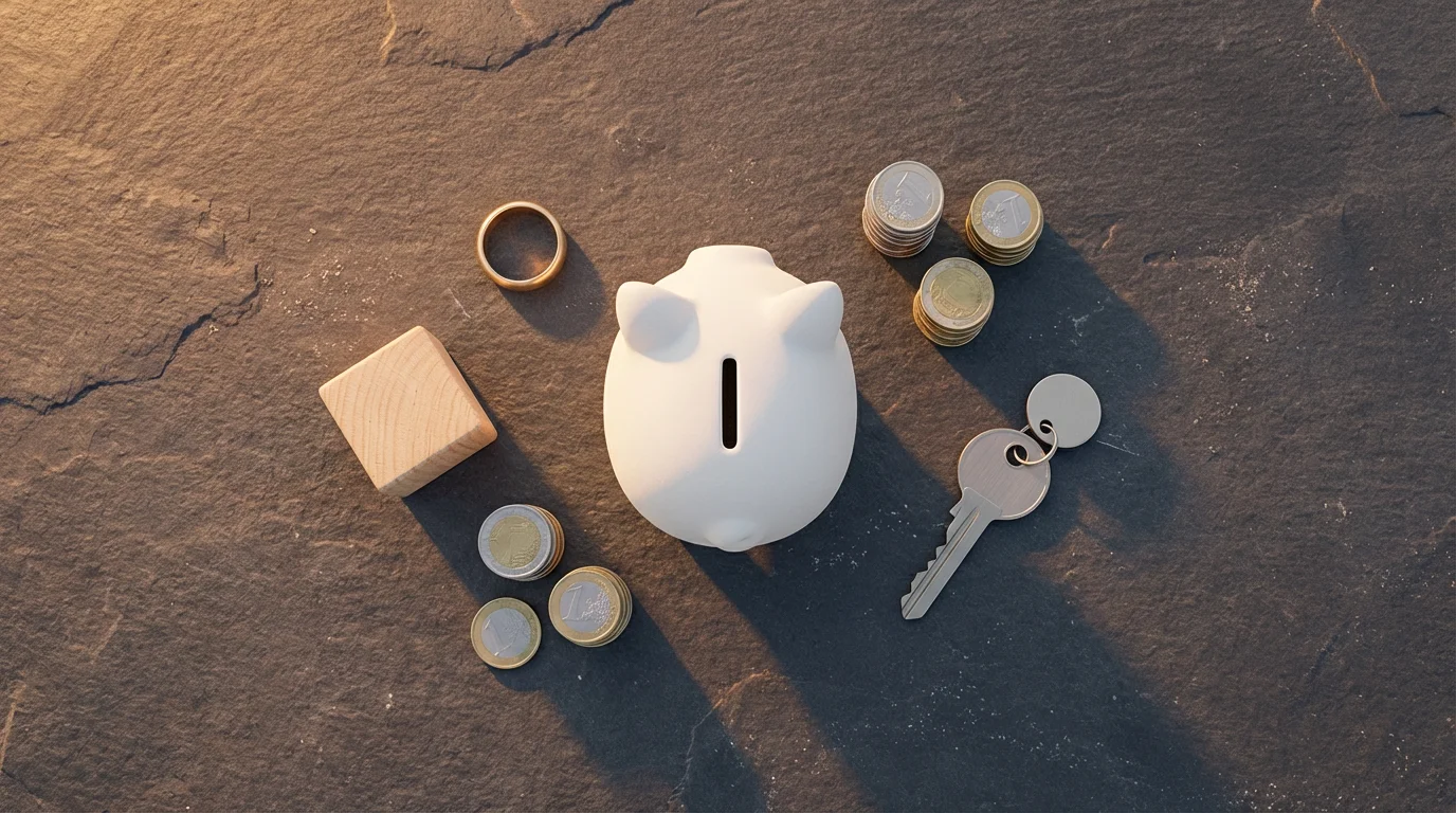 High angle flat lay of piggy bank, ring, key, and coins during golden hour.