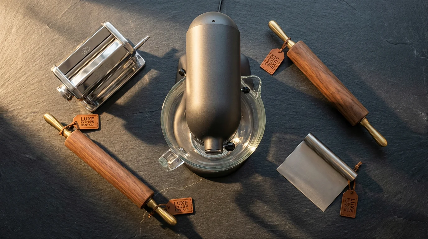 High angle flat lay of premium kitchen appliances like a stand mixer for rent.