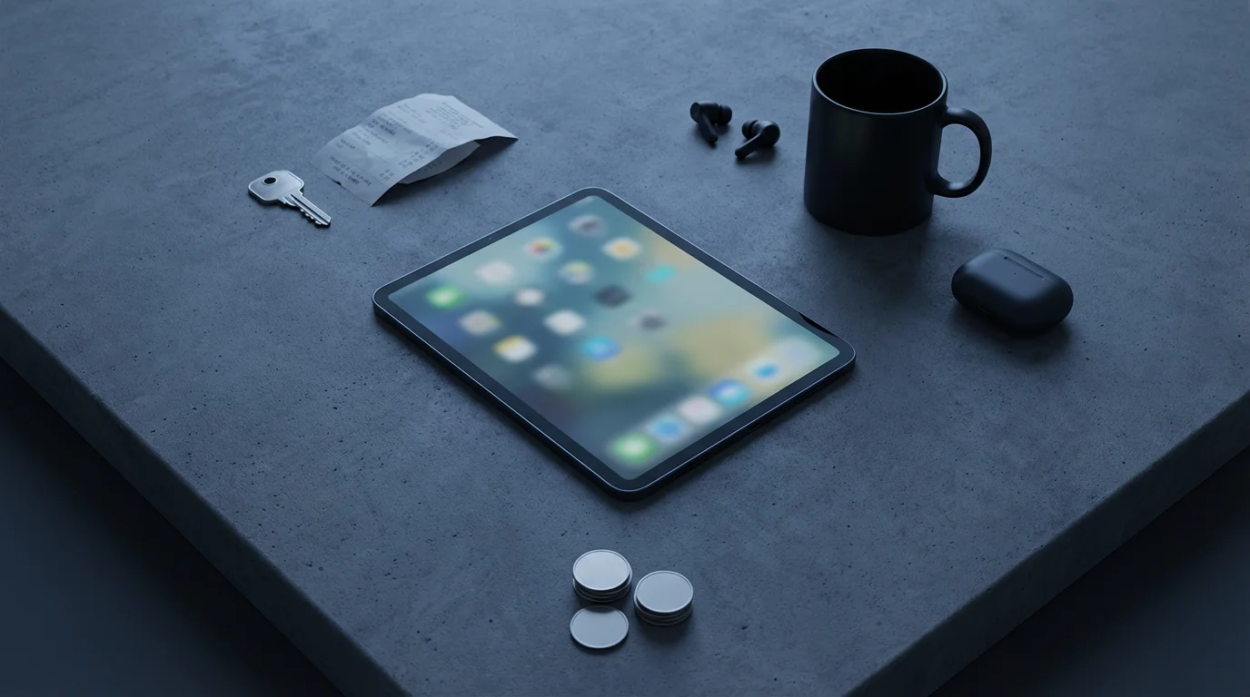 High-angle flat lay of tablet with abstract spreadsheet and items representing budgeting categories.