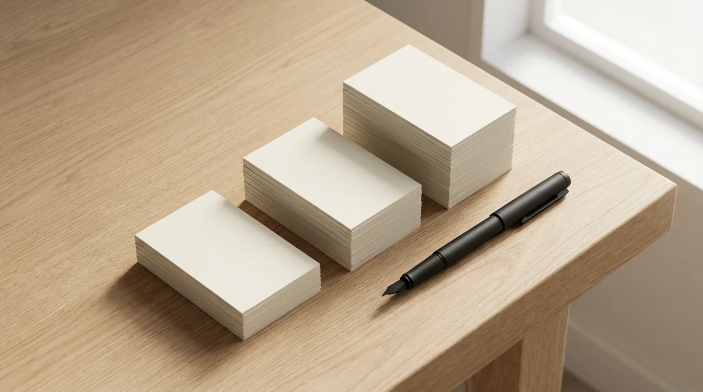 High angle flat lay of three ascending stacks of blank business cards on a desk.