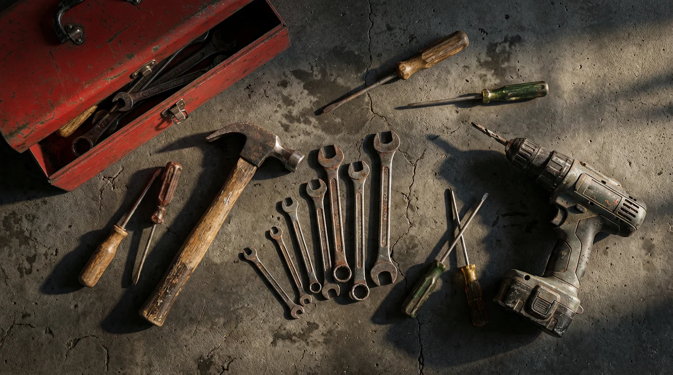 High-angle flat lay of various used hand tools and a power drill on a concrete floor.