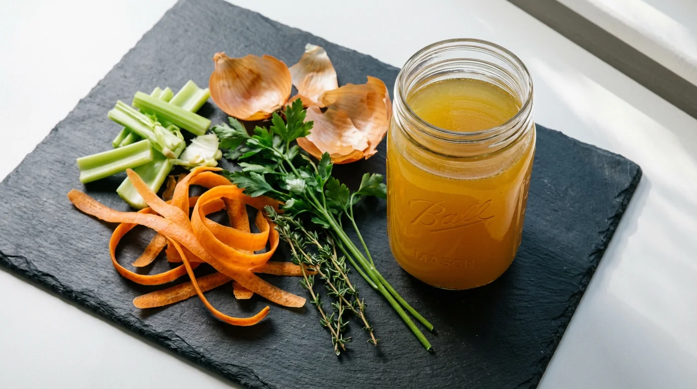 High angle flat lay of vegetable scraps next to a glass jar of homemade broth.
