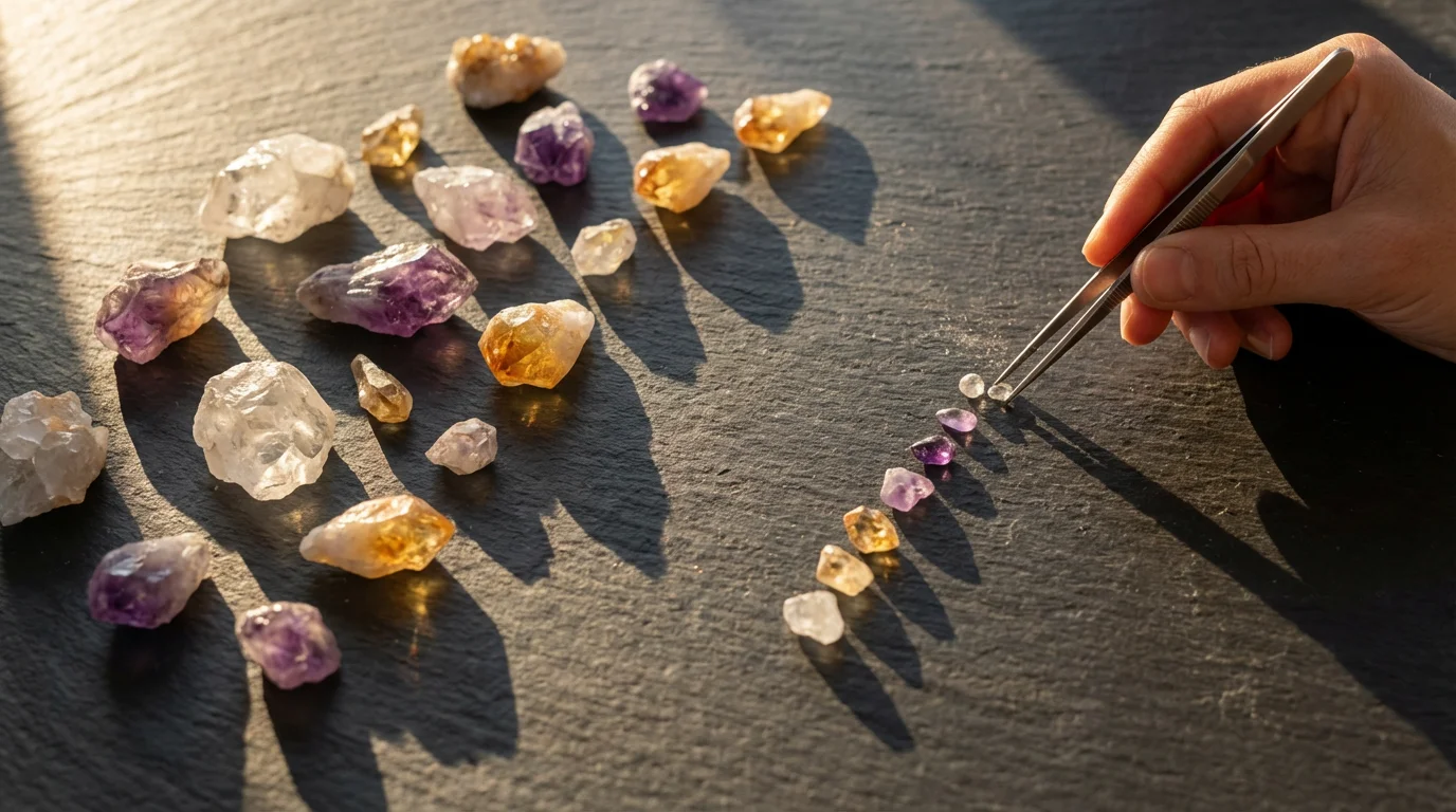 High angle photo of a hand separating a small percentage of gemstones on slate.