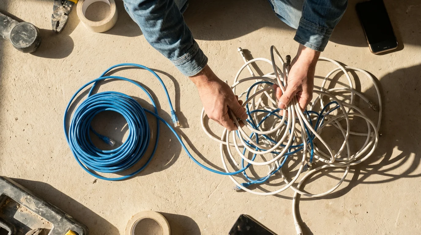 High angle photo of hands untangling messy internet and cable cords on a concrete surface.