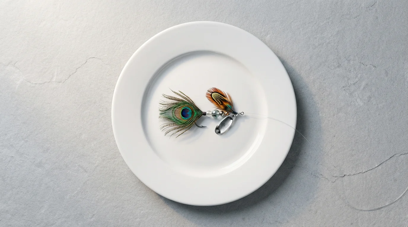 High angle view of a beautiful, ornate fishing lure served on a white plate.