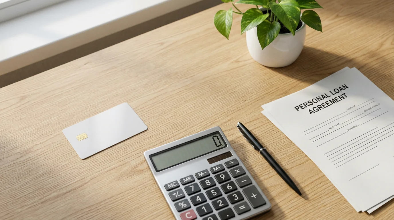 High angle view of a calculator, credit card, and loan document on a desk.