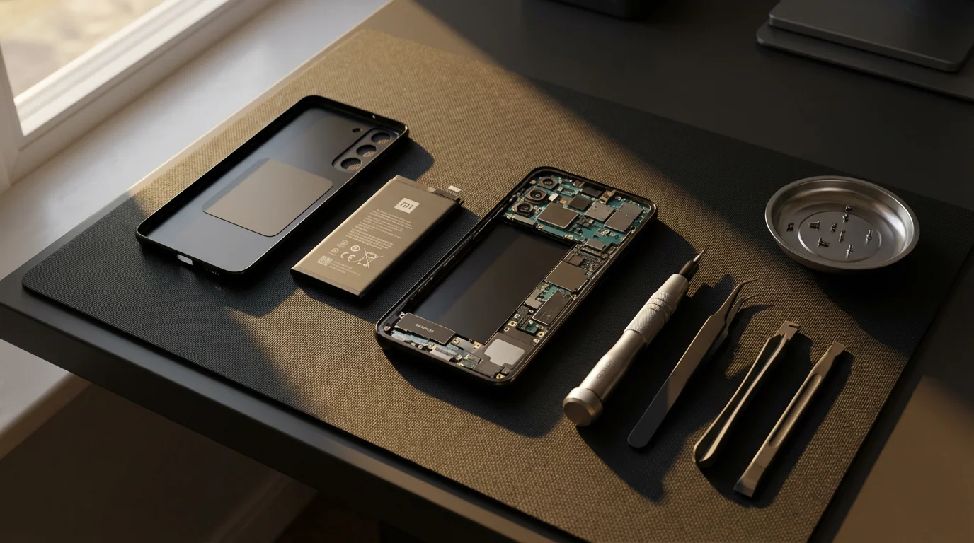 High angle view of a disassembled smartphone and repair tools on a workbench.