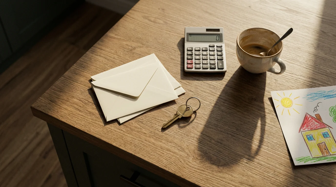 High angle view of a table with keys, bills, a calculator, and a child's drawing.