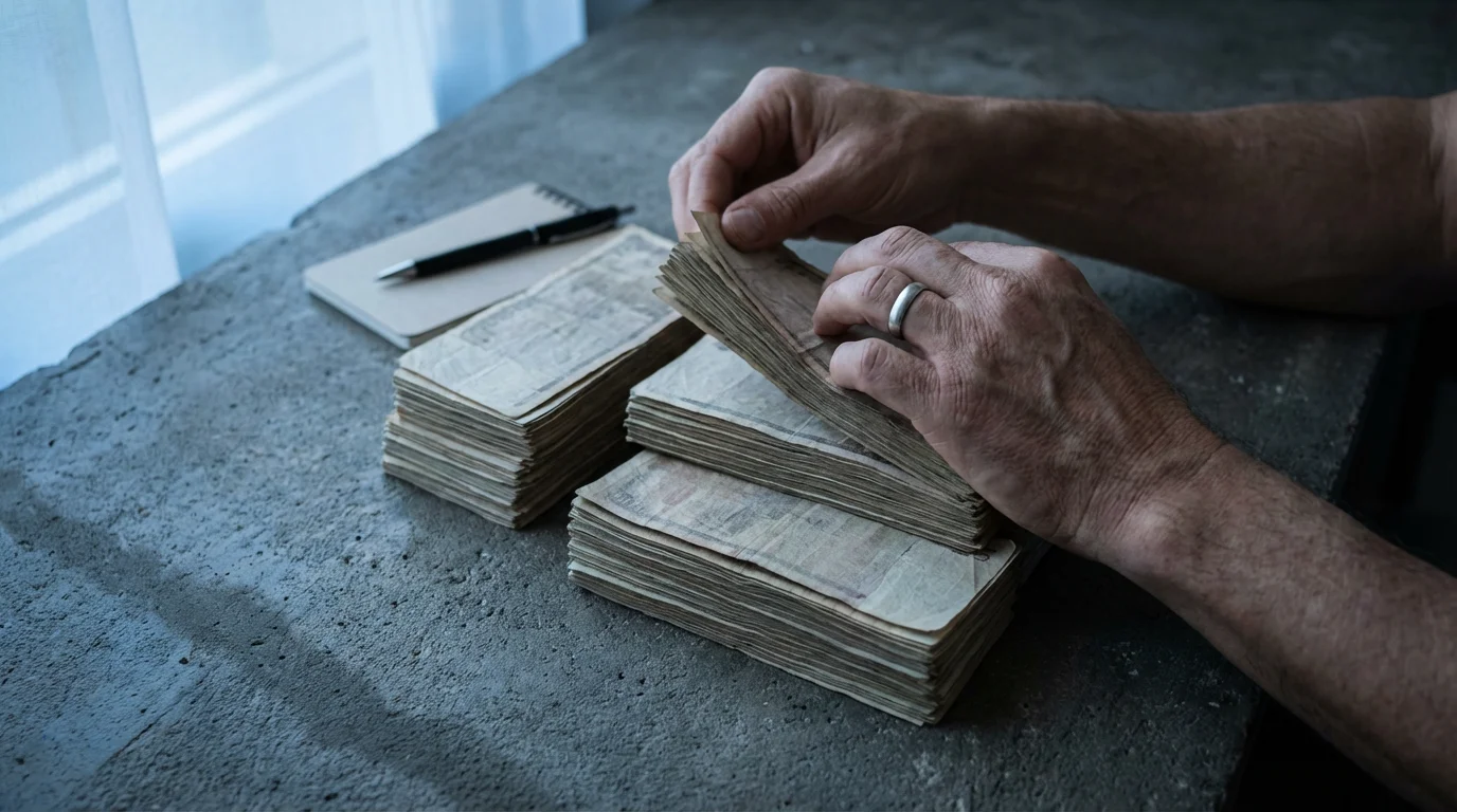High angle view of hands dividing a stack of money into smaller piles.