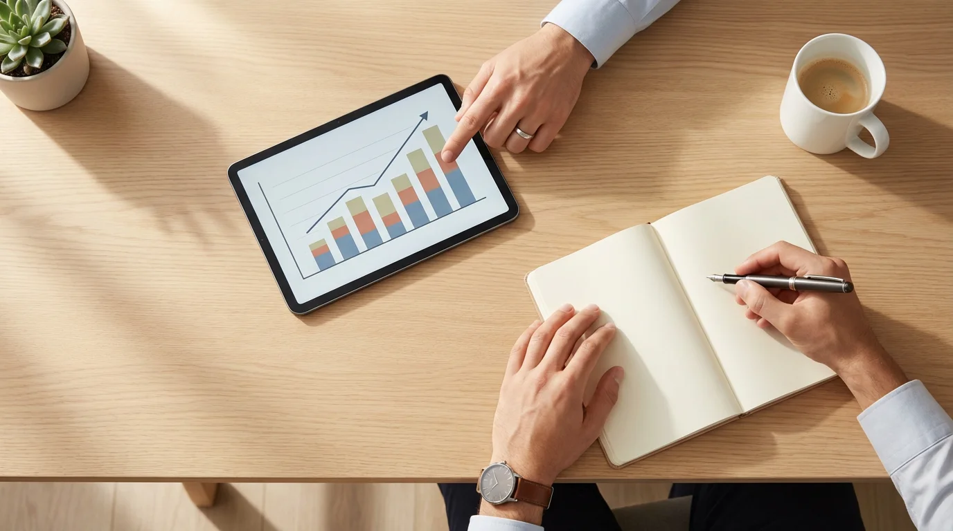 High angle view of two people's hands during a financial consultation over a desk.