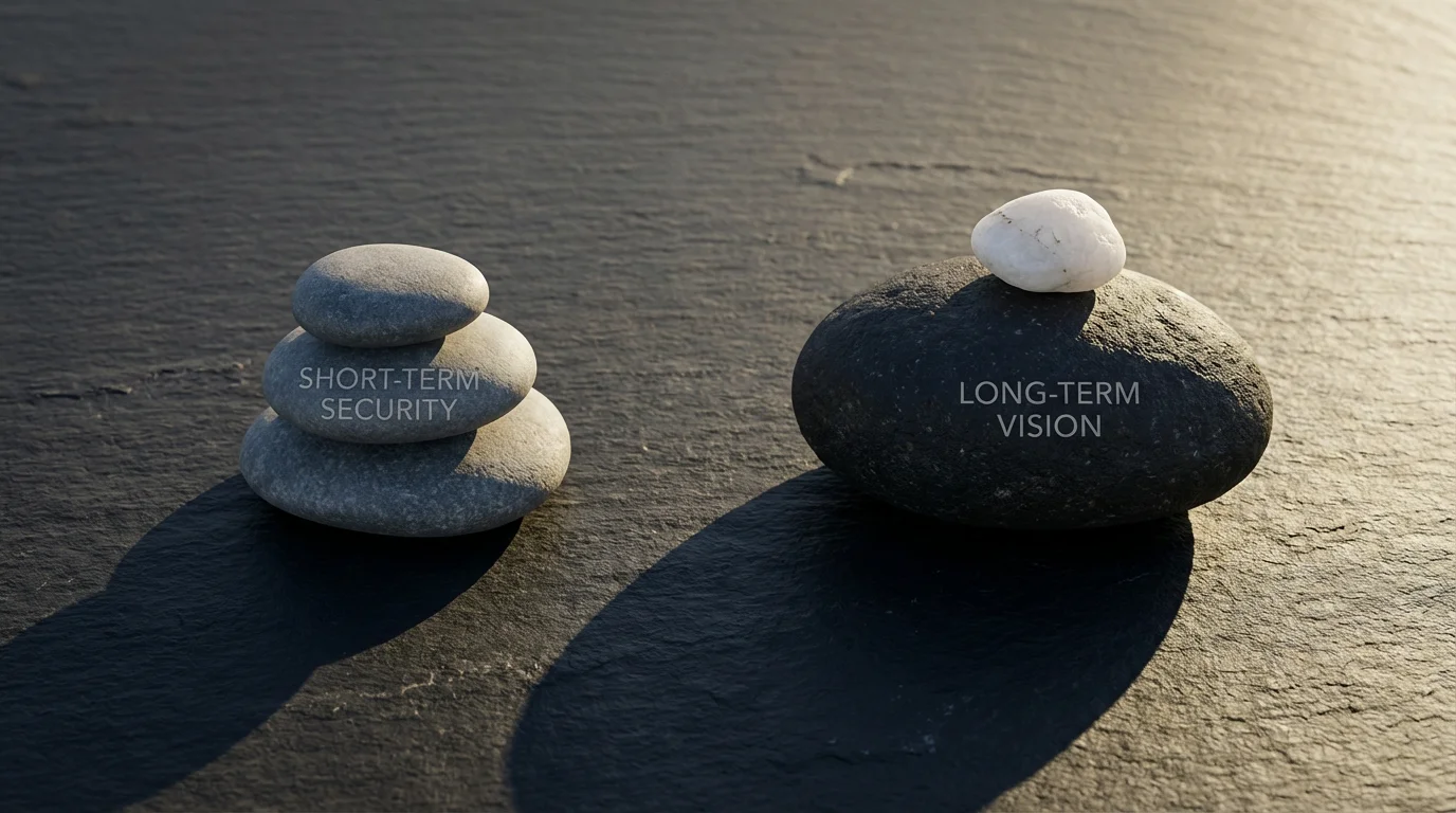 High angle view of two stacks of stones on a dark slate surface.