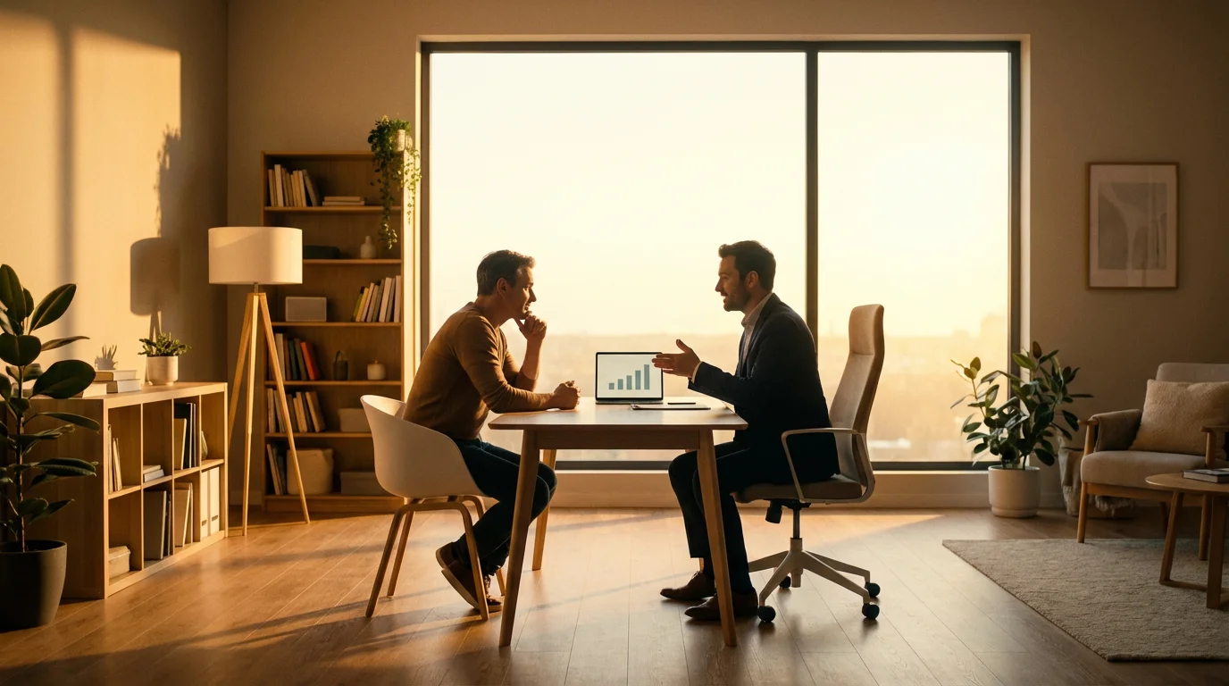Homeowner consulting a financial professional with a tablet in a modern, sunlit office.