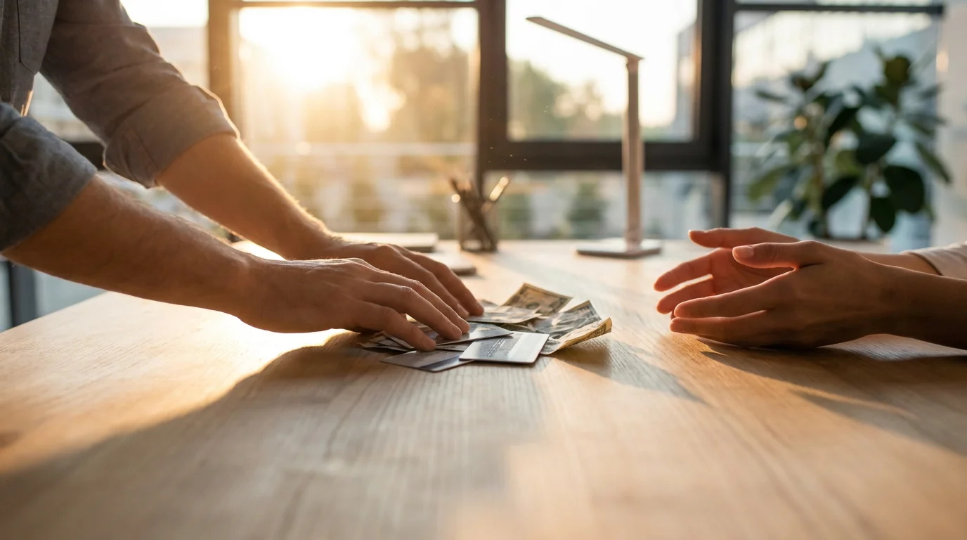 Low angle of hands exchanging bills and credit cards across a desk at sunset.