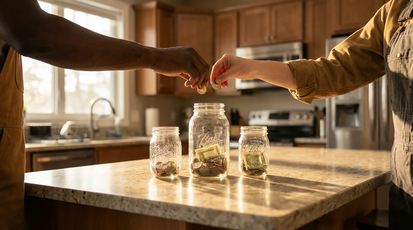 Low angle photo of a couple's hands placing money into three glass jars together.
