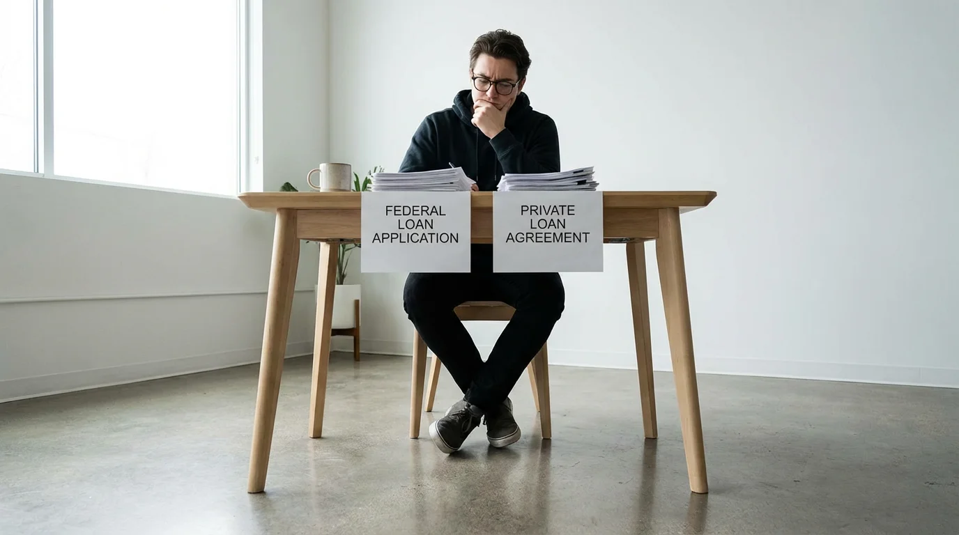 Low angle photo of a person at a desk reviewing two separate stacks of documents.