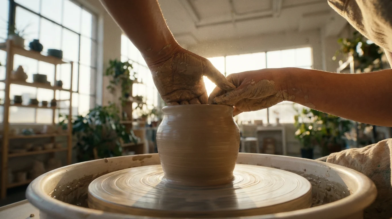 Low angle photo of a person's hands shaping clay on a potter's wheel during golden hour.