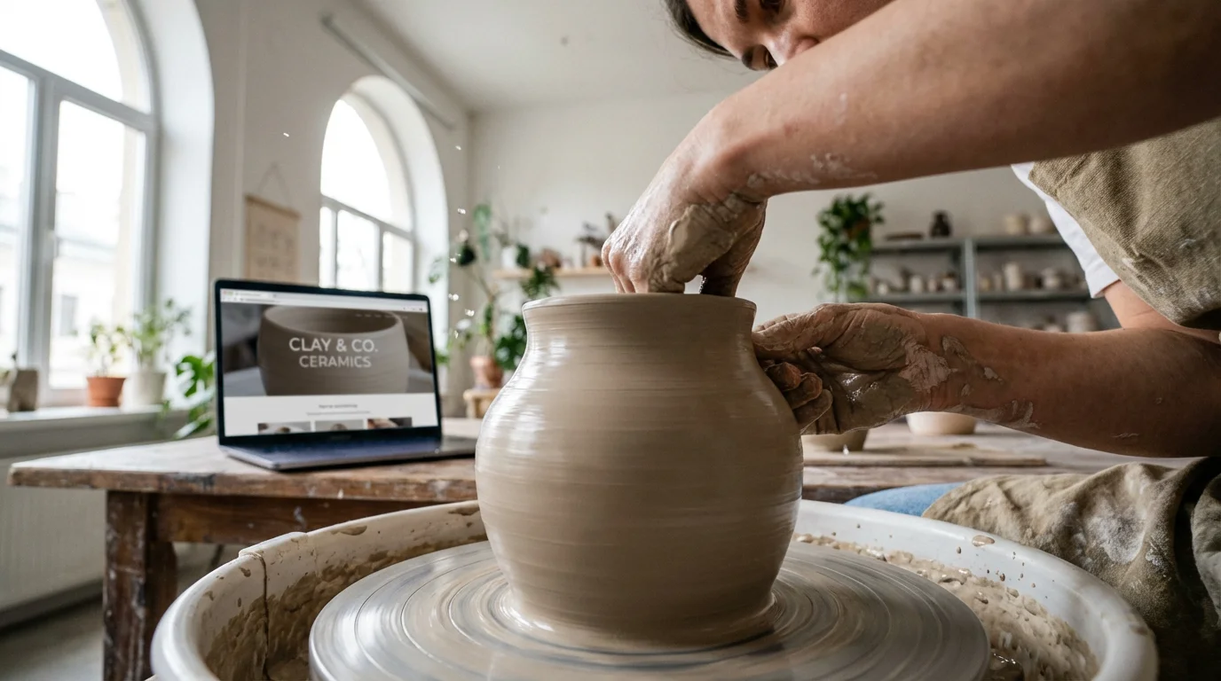 Low angle photo of a person's hands shaping a clay pot on a wheel.