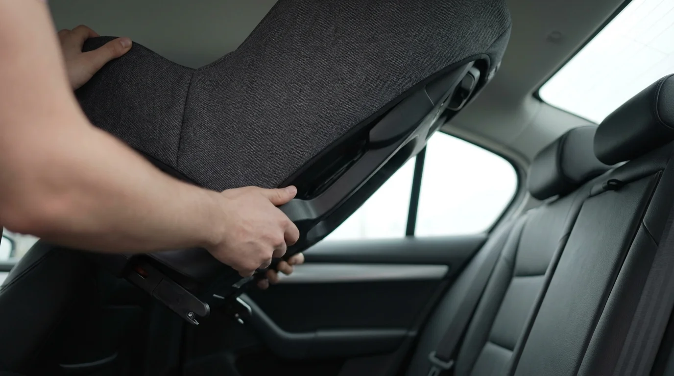 Low angle photograph of a pristine, new child's car seat inside a modern vehicle.