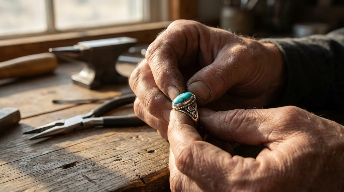 Low angle photograph of an artisan's hands carefully crafting a handmade silver and turquoise ring.