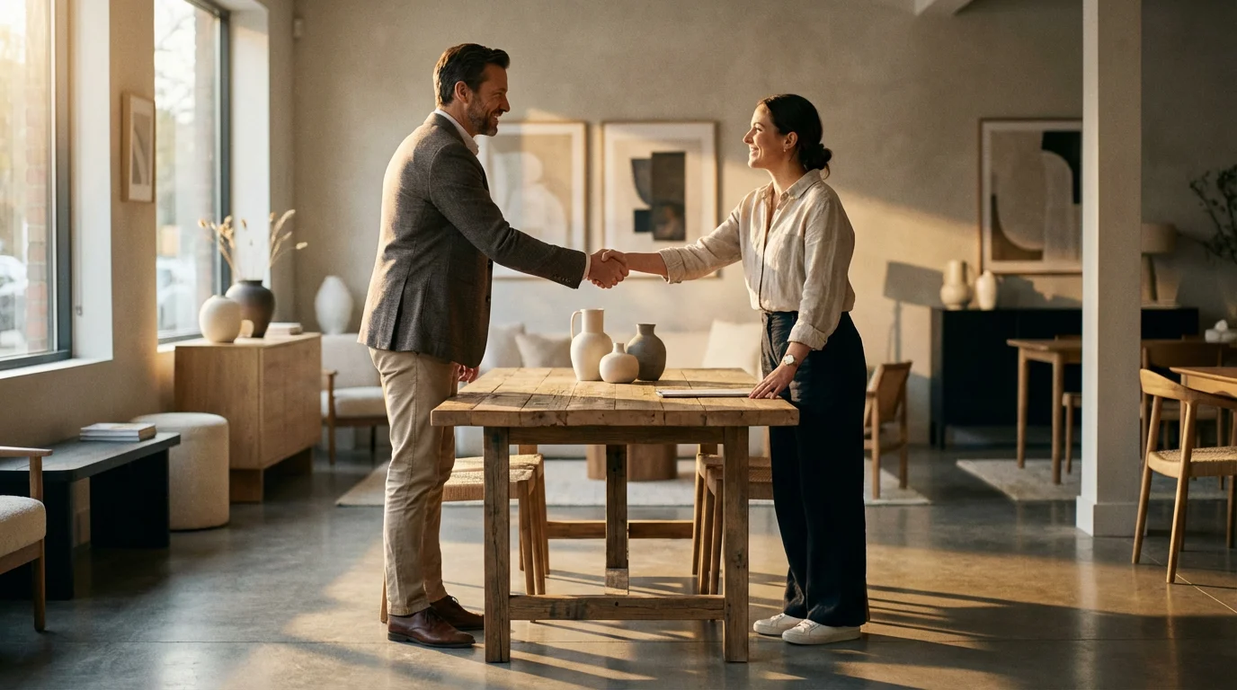 Low angle shot of a customer and store manager happily shaking hands in a boutique.