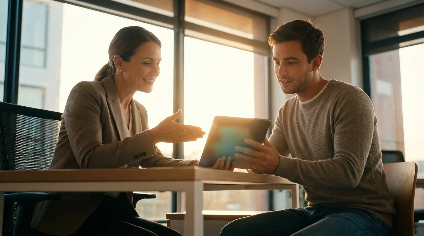 Low angle shot of a financial advisor guiding a client in a modern sunlit office.