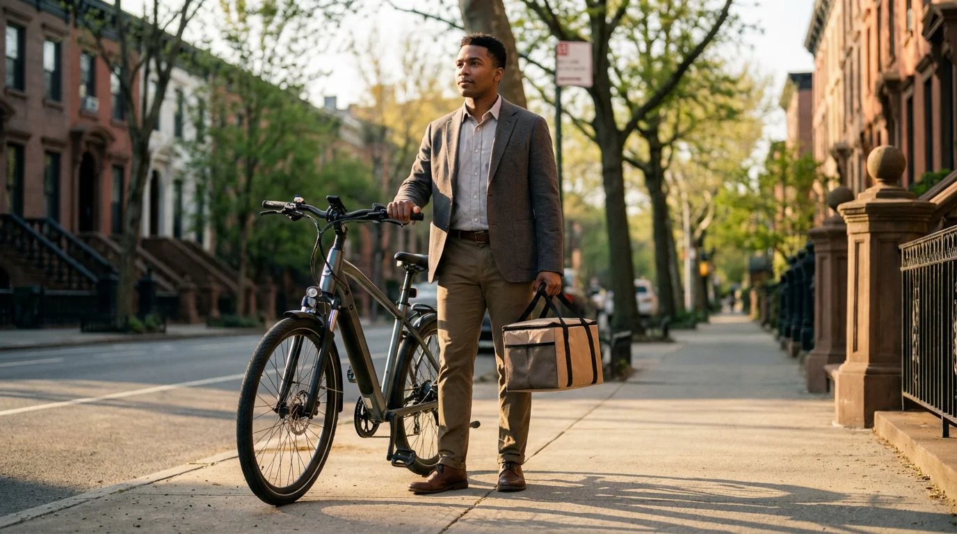 Low angle shot of a food delivery driver with an e-bike and delivery bag.