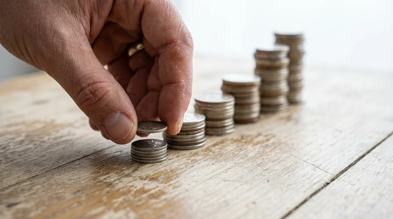 Low angle shot of a hand adding a coin to the smallest of several stacks.