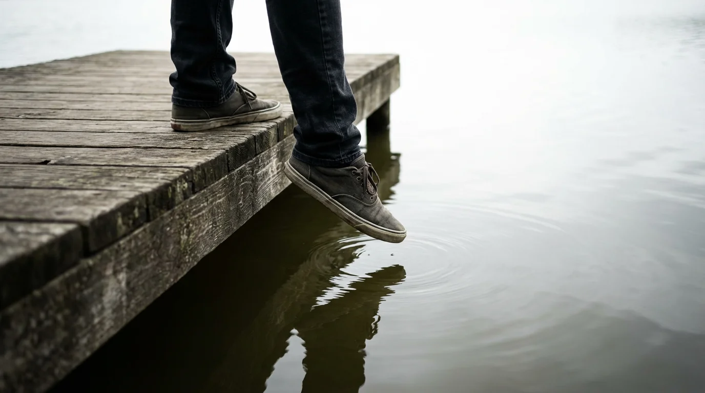 Low angle shot of a person's feet at the edge of a dock.