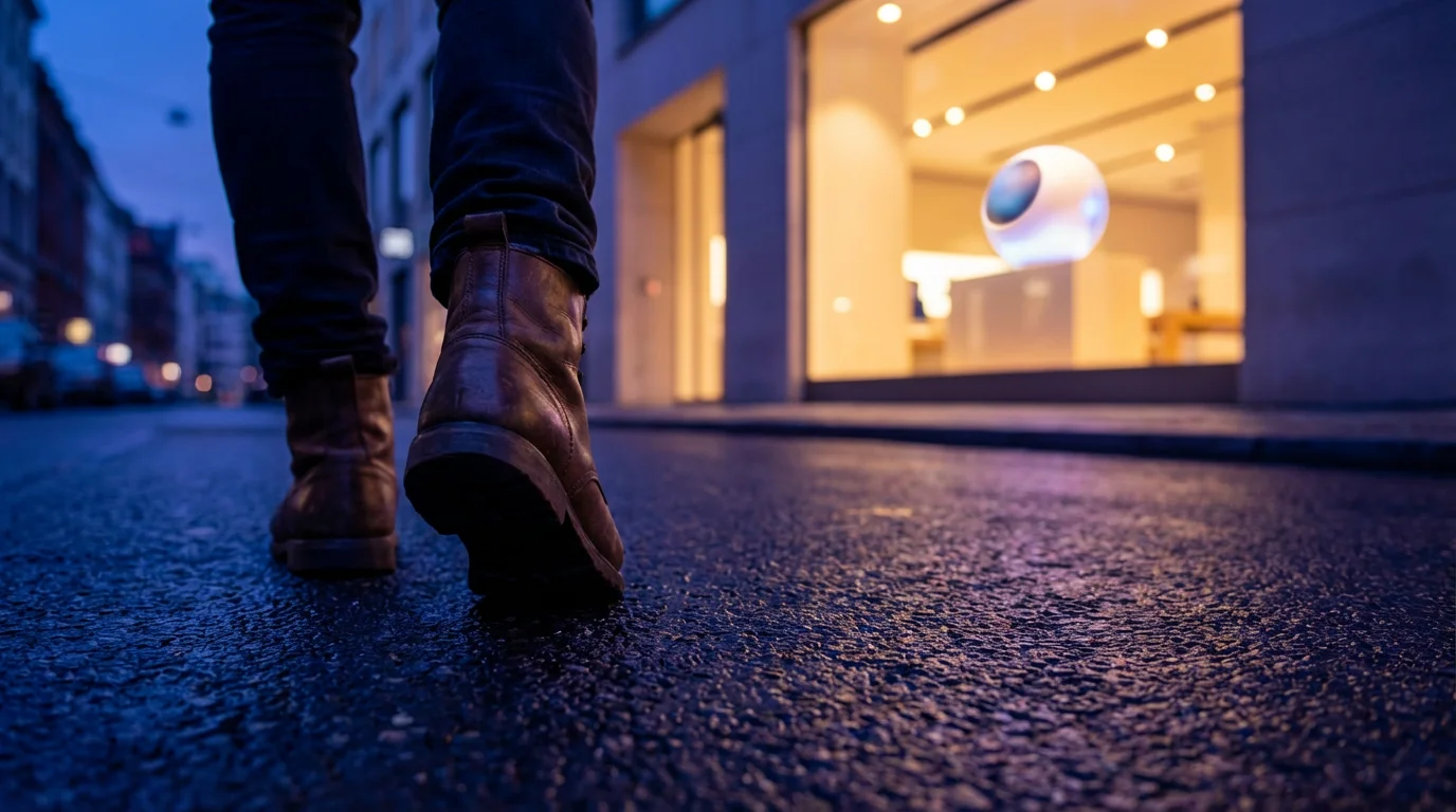 Low angle shot of a person's feet walking away from a glowing shop window at dusk.