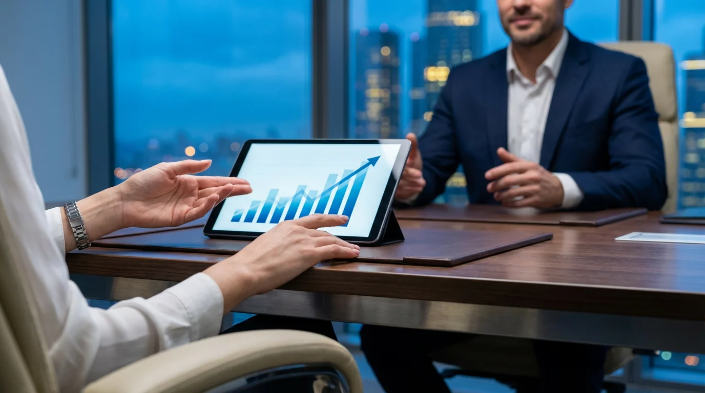 Low angle shot of a professional's hands gesturing over a chart on a tablet.