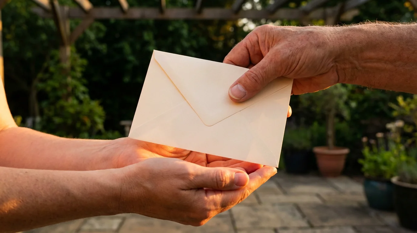 Low angle shot of an older person's hand giving a blank envelope to a younger person.
