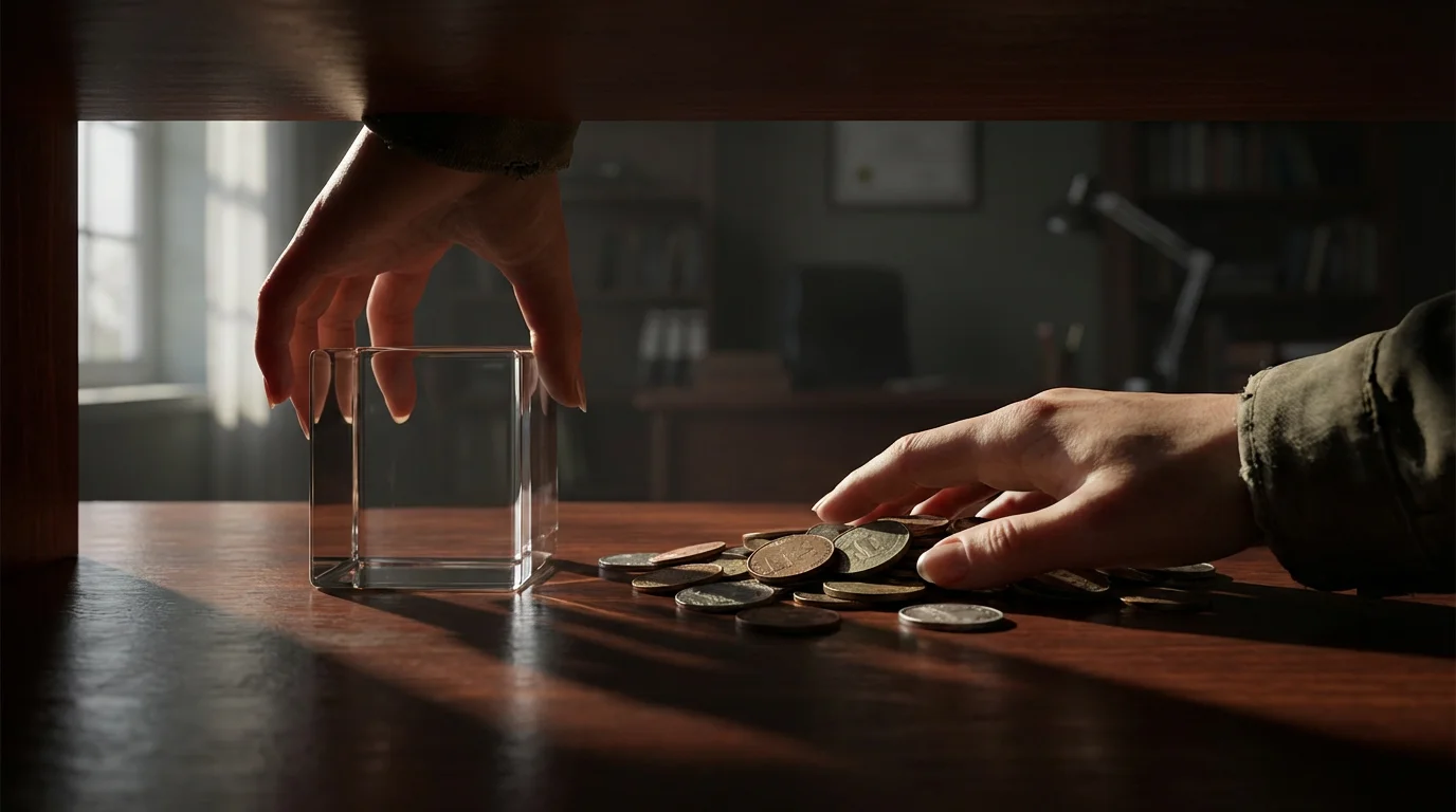 Low angle shot of hands exchanging a clear glass cube for a pile of coins.