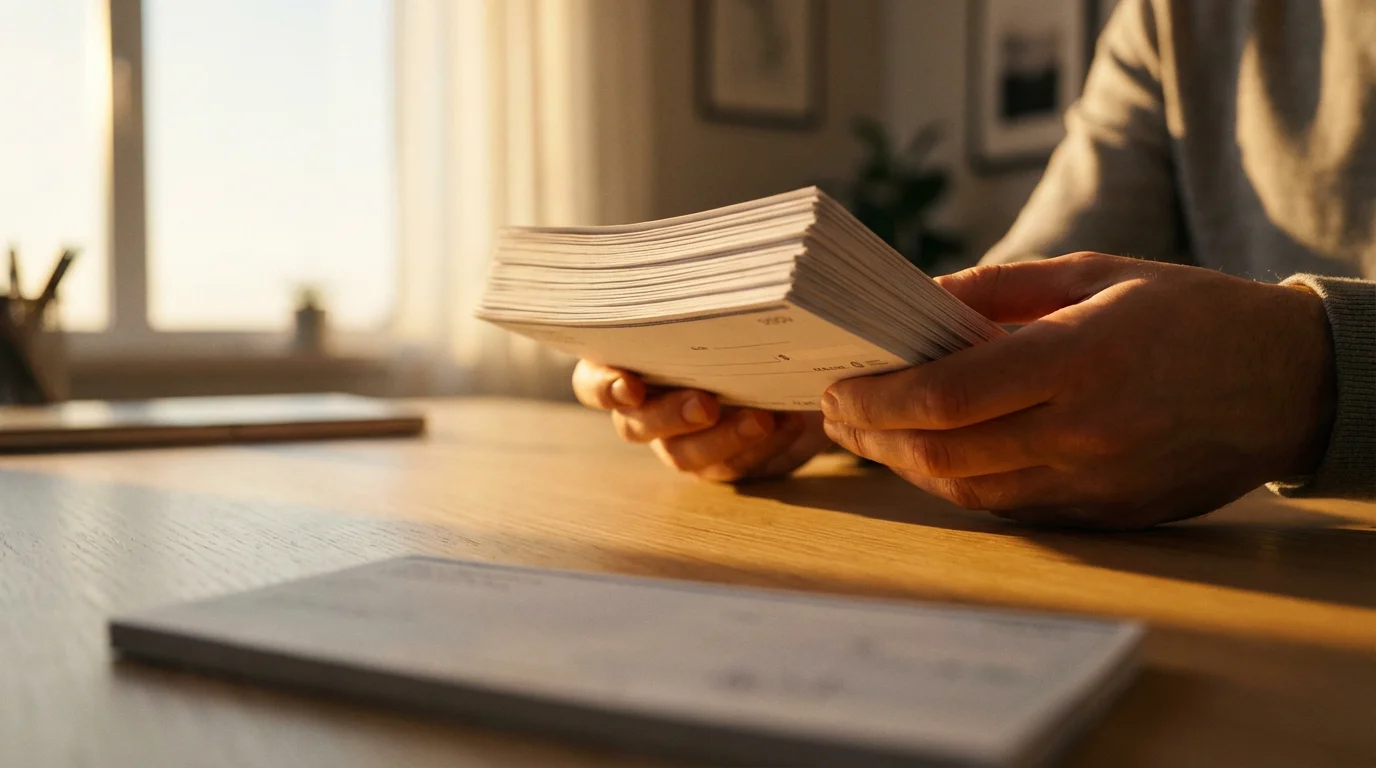 Low angle shot of hands holding a thick stack of payment stubs during golden hour.