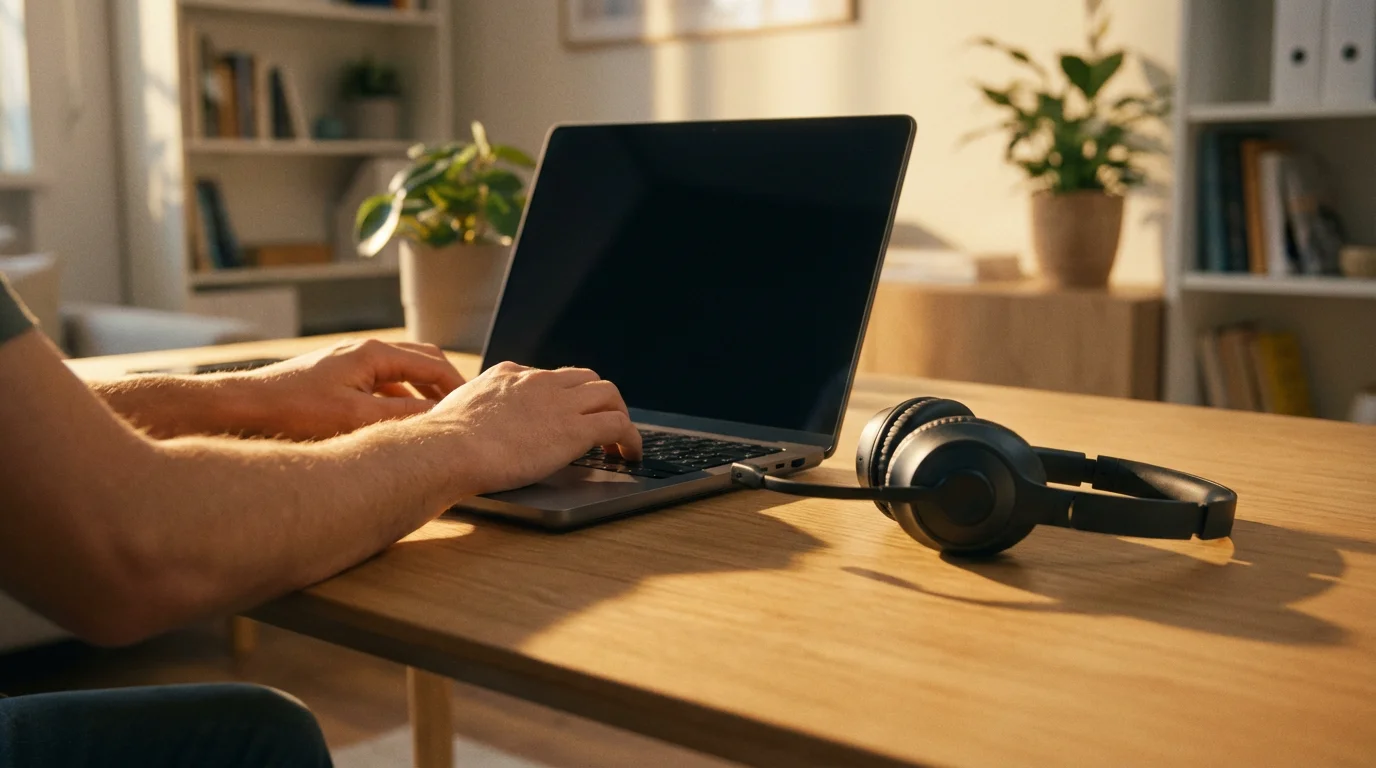 Low angle shot of hands on a laptop keyboard with a headset on a desk.