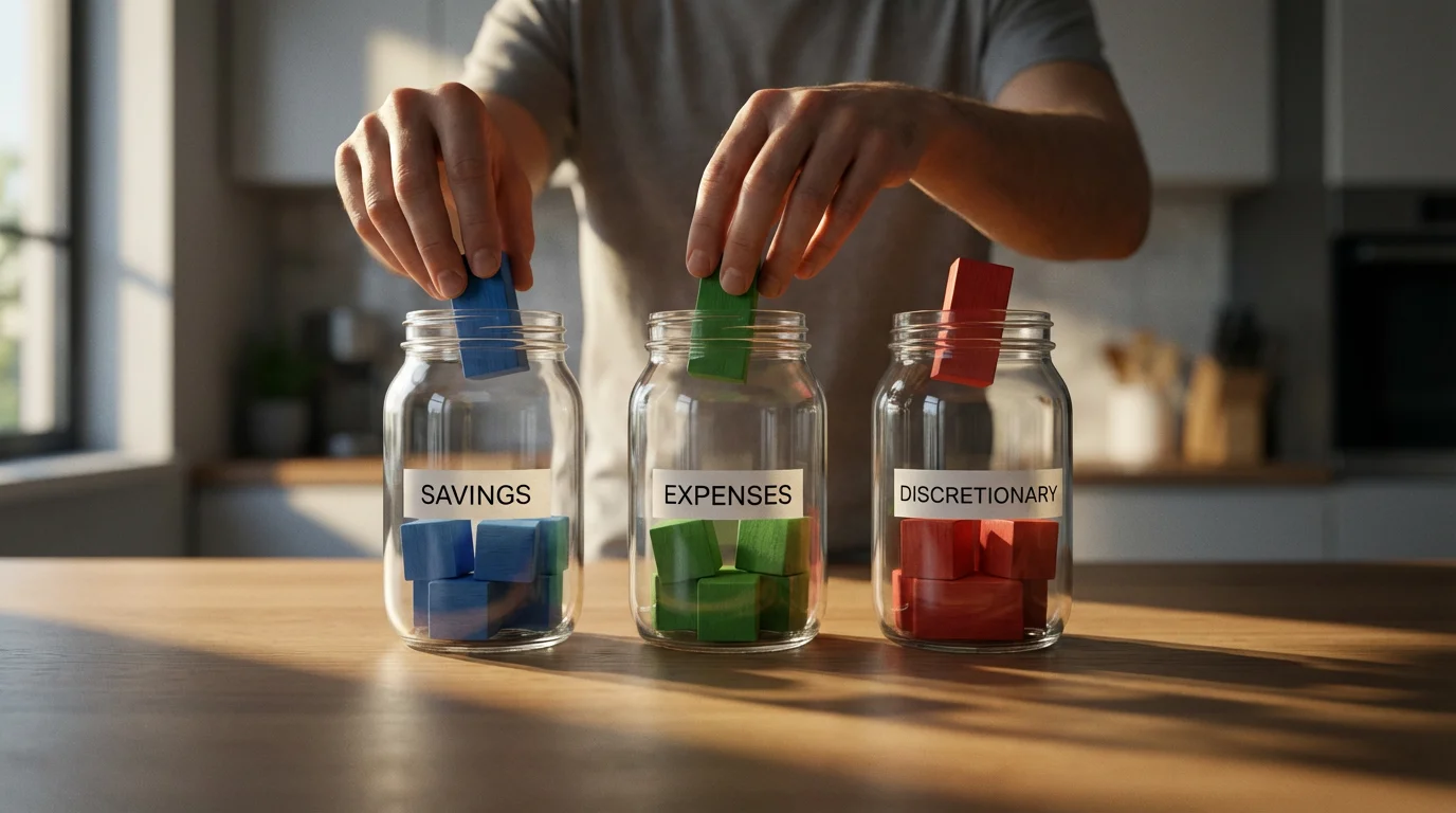 Low angle shot of hands sorting colored blocks into three glass jars, representing budgeting.