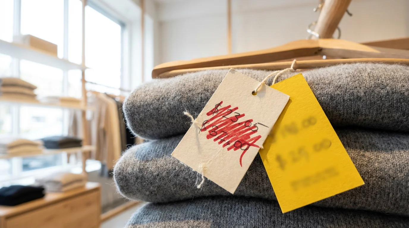 Low angle view of a crossed-out price tag next to a sale tag on clothing.