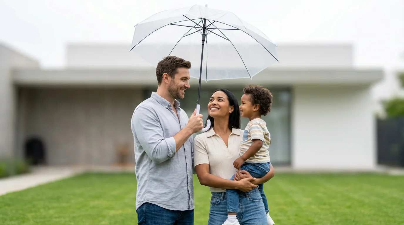 Low angle view of a father holding a large umbrella protectively over his family.