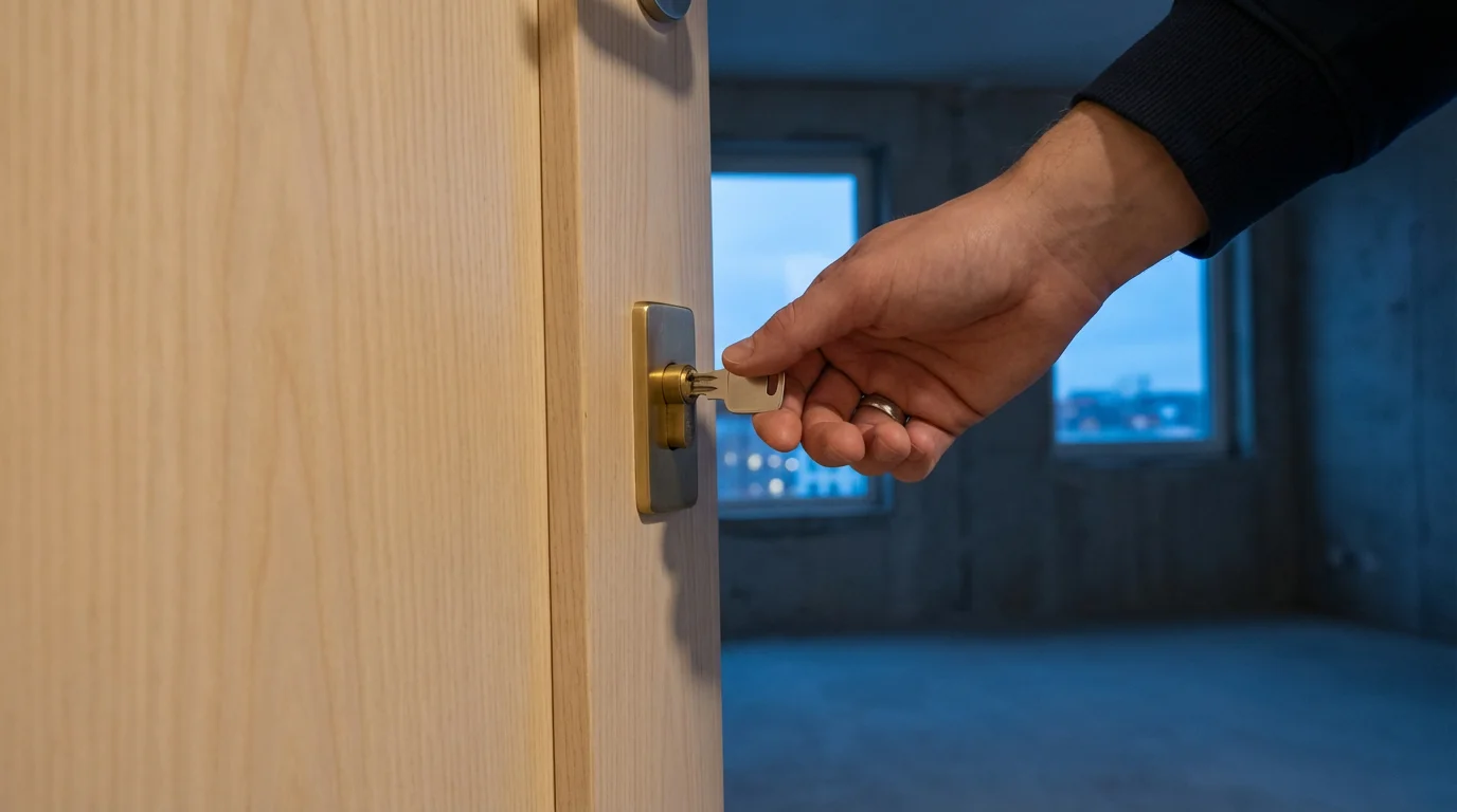 Low angle view of a hand inserting a key into a door lock during twilight.
