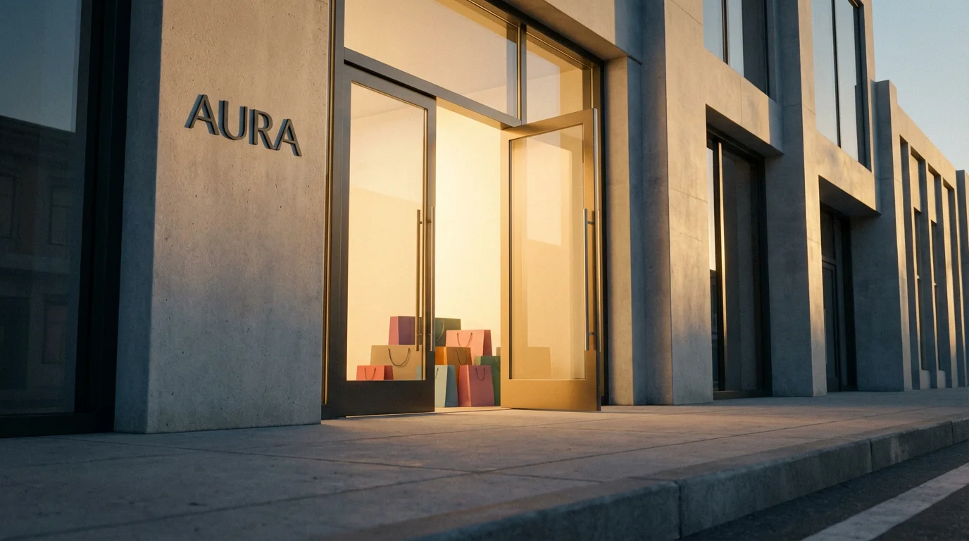 Low angle view of a modern store entrance at dawn with shopping bags inside.