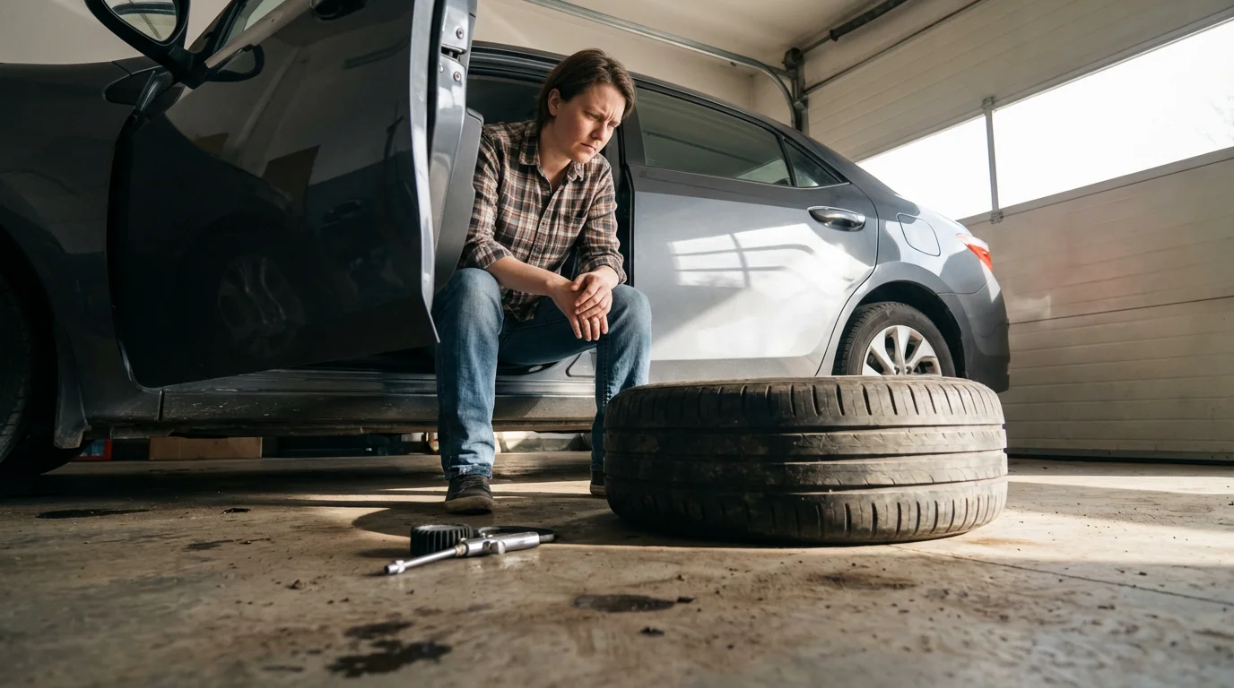 Low angle view of a pensive driver checking their car's tire in a garage.