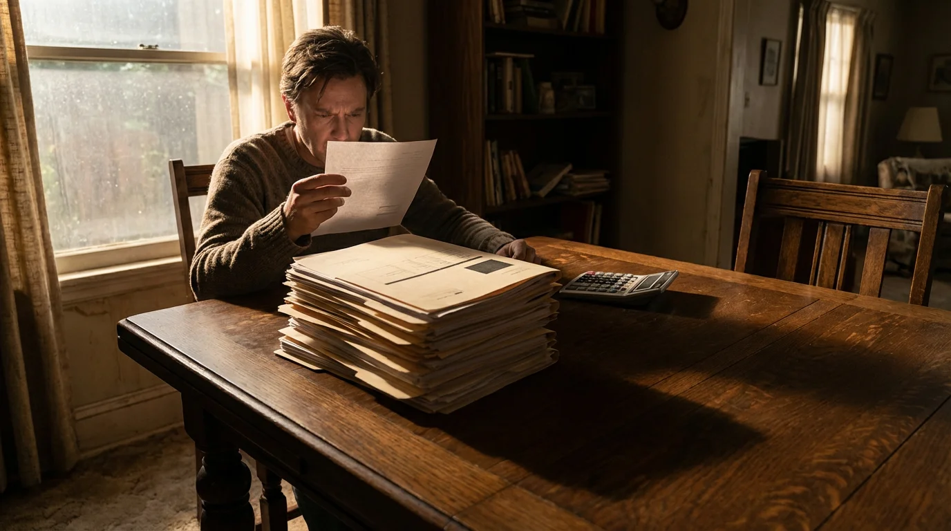 Low angle view of a person at a table seriously reviewing a tall stack of papers.
