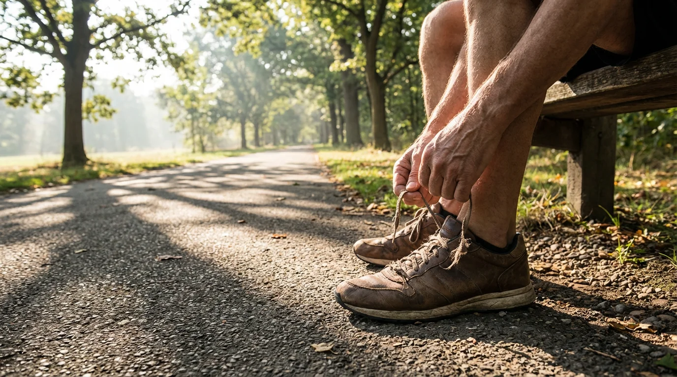 Low angle view of a person tying their running shoes on a park bench.