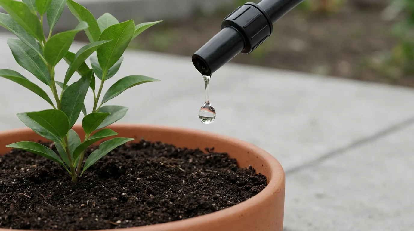 Low angle view of a single water drop from a drip system watering a small sapling.