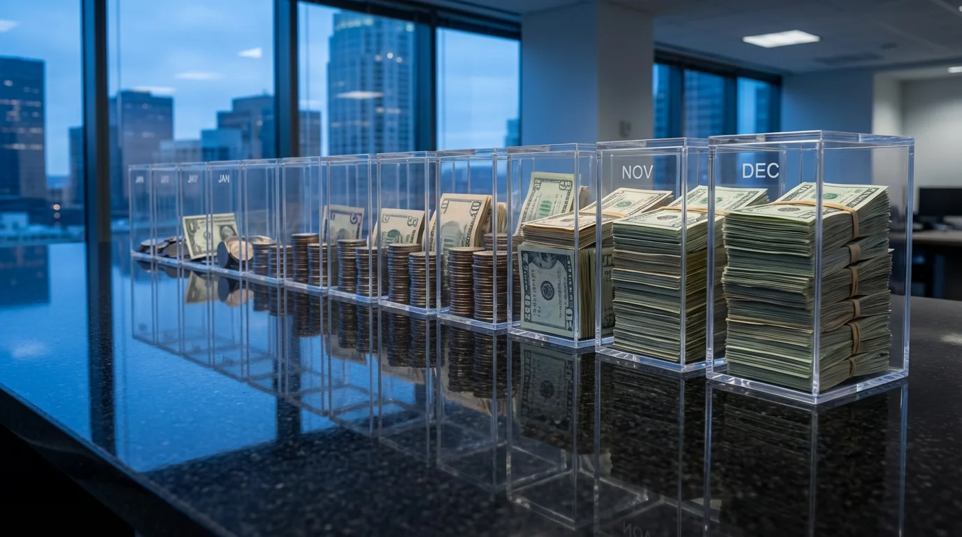Low angle view of clear boxes showing money savings growing over time on a desk.
