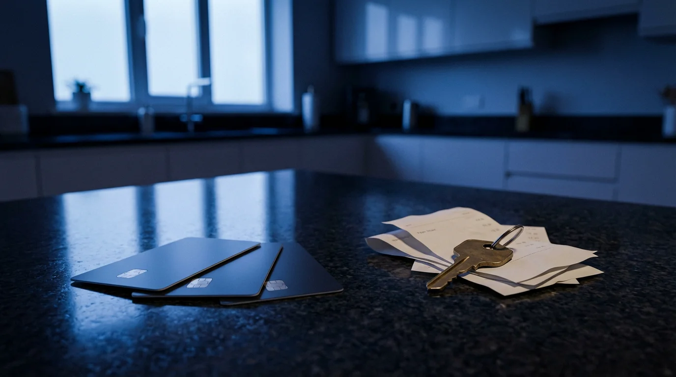 Low angle view of generic credit cards and receipts on a countertop at dusk.
