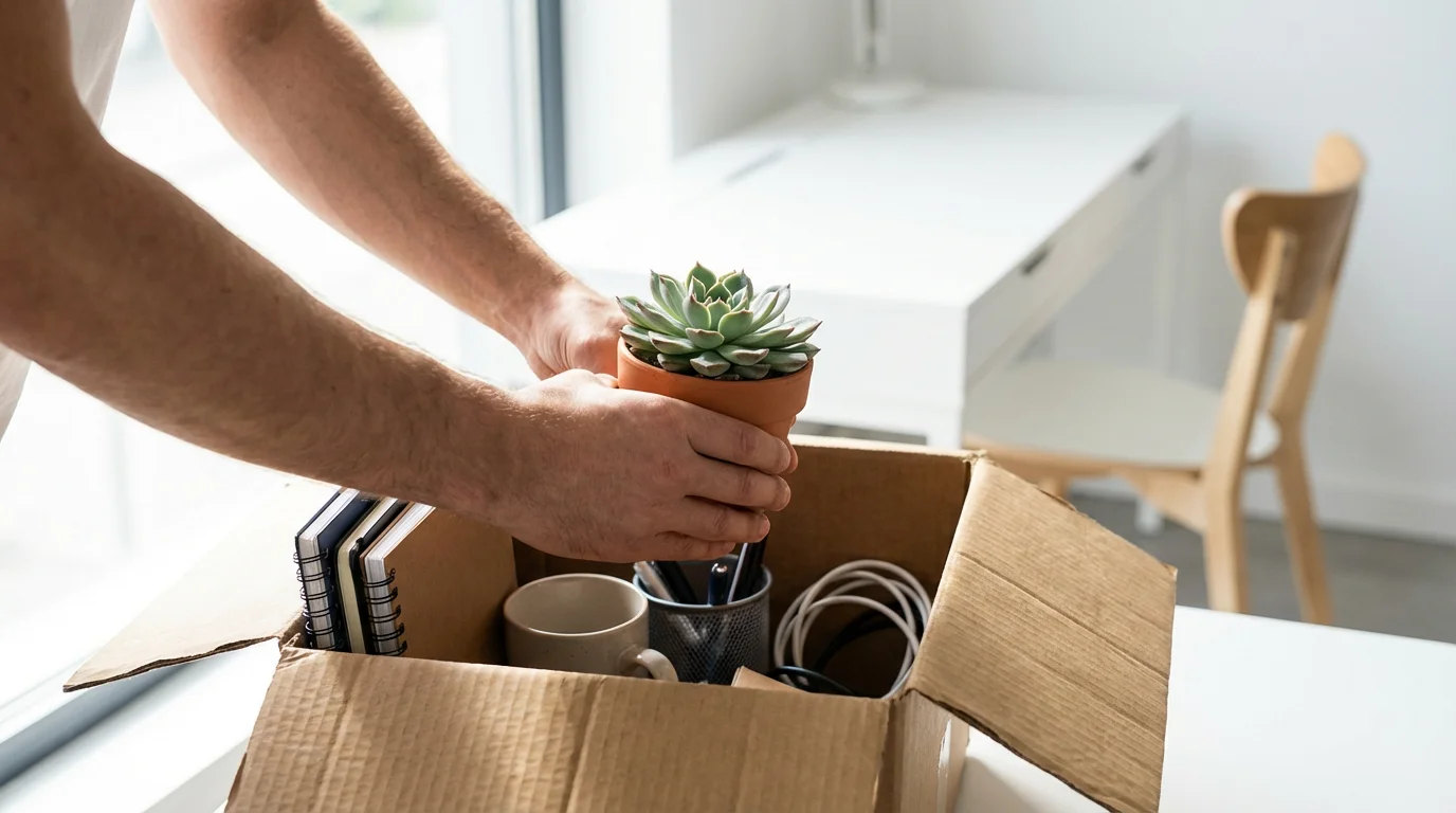 Low angle view of hands packing a desk plant into a cardboard box.